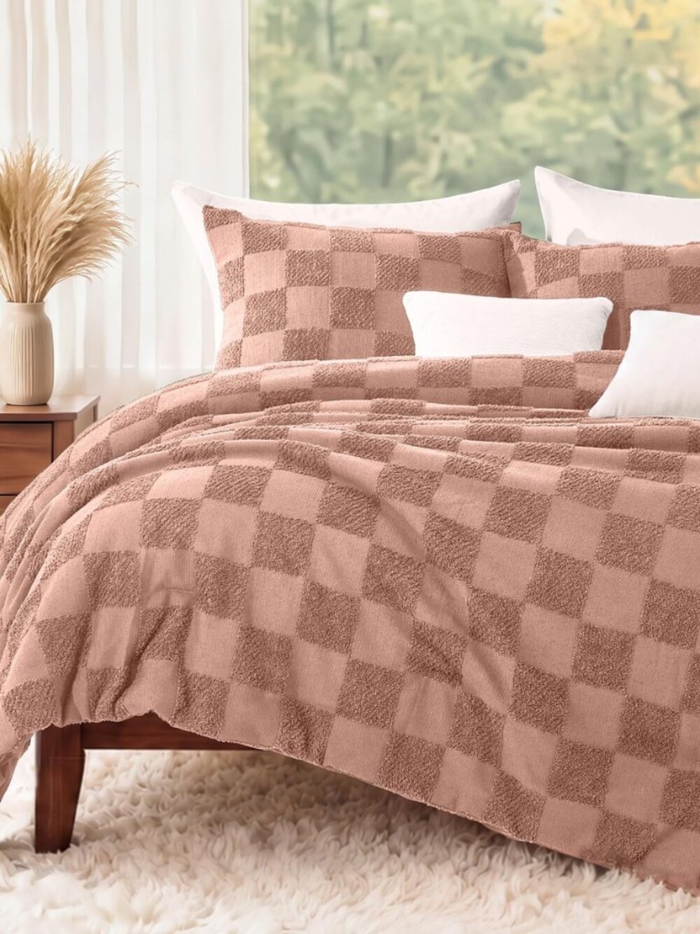 Queen Comforter Set-3 Pieces Soft Boho Tufted Bed Checkered Bedding